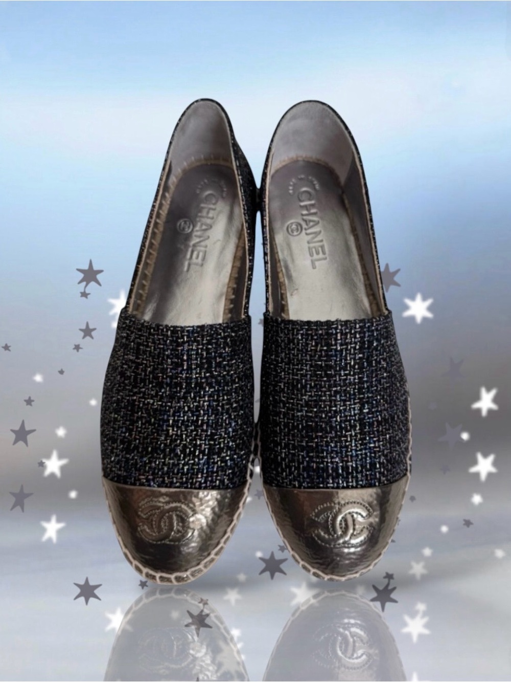 🆕💞CHANEL Glitter Black Tweed Metallic Patent Leather CC Logo Espadrilles • 38 EU